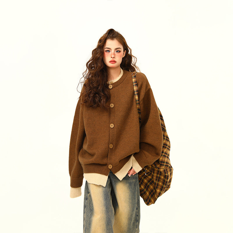 美式復古假兩件針織衫毛衣女秋冬美拉德慵懶寬鬆上衣