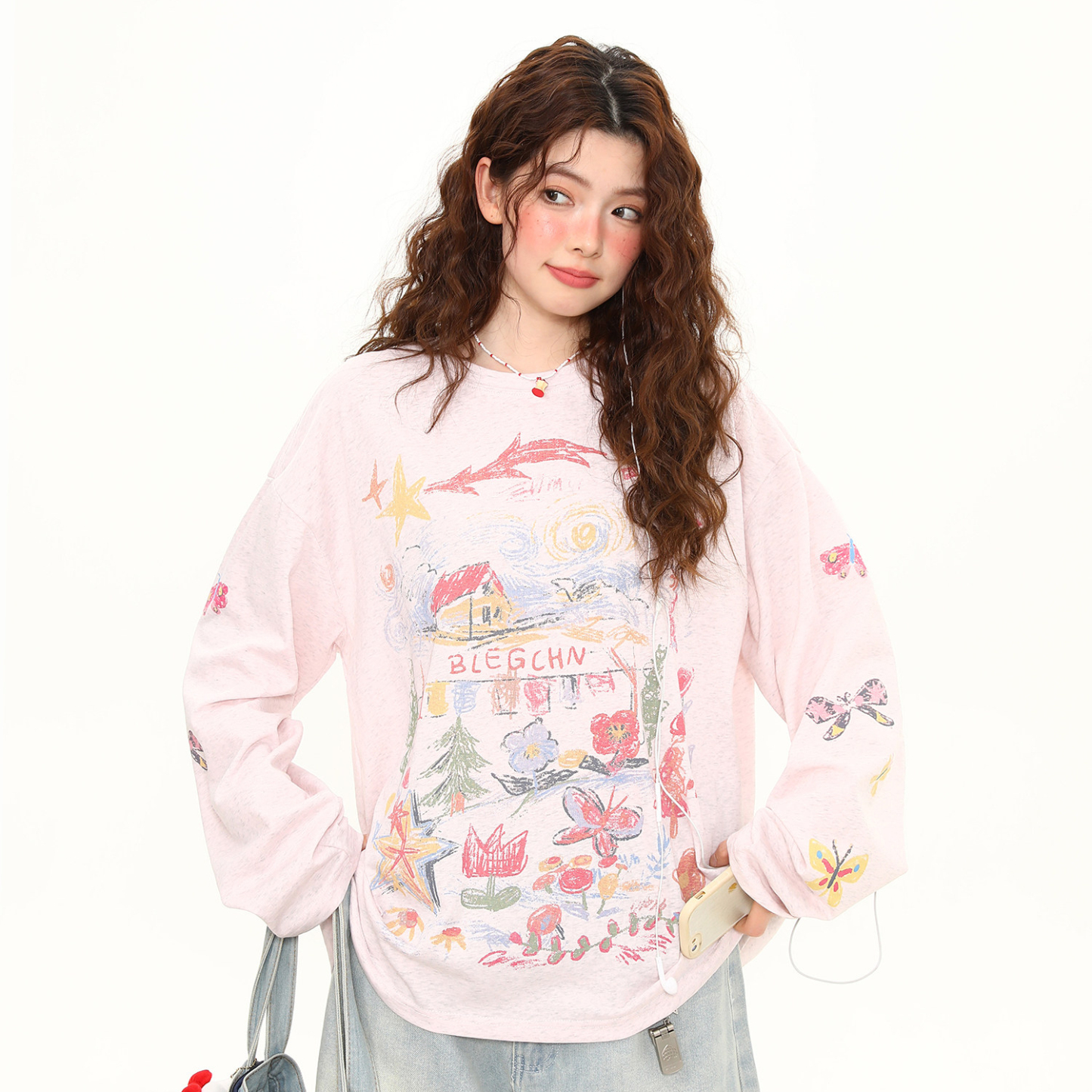 美式復古塗鴉印花長袖T恤女春夏寬鬆慵懶風防曬罩衫上衣