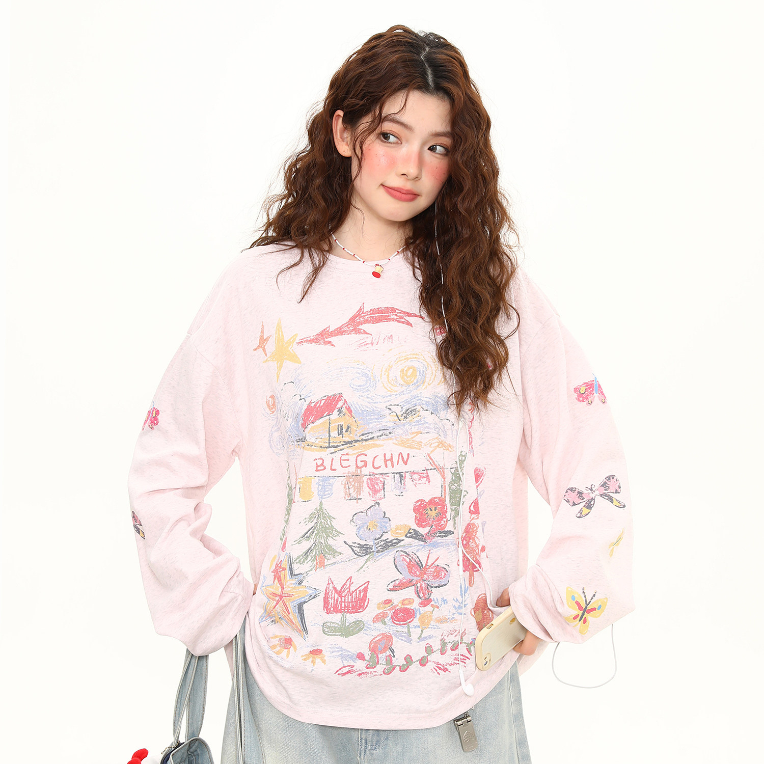 美式復古塗鴉印花長袖T恤女春夏寬鬆慵懶風防曬罩衫上衣