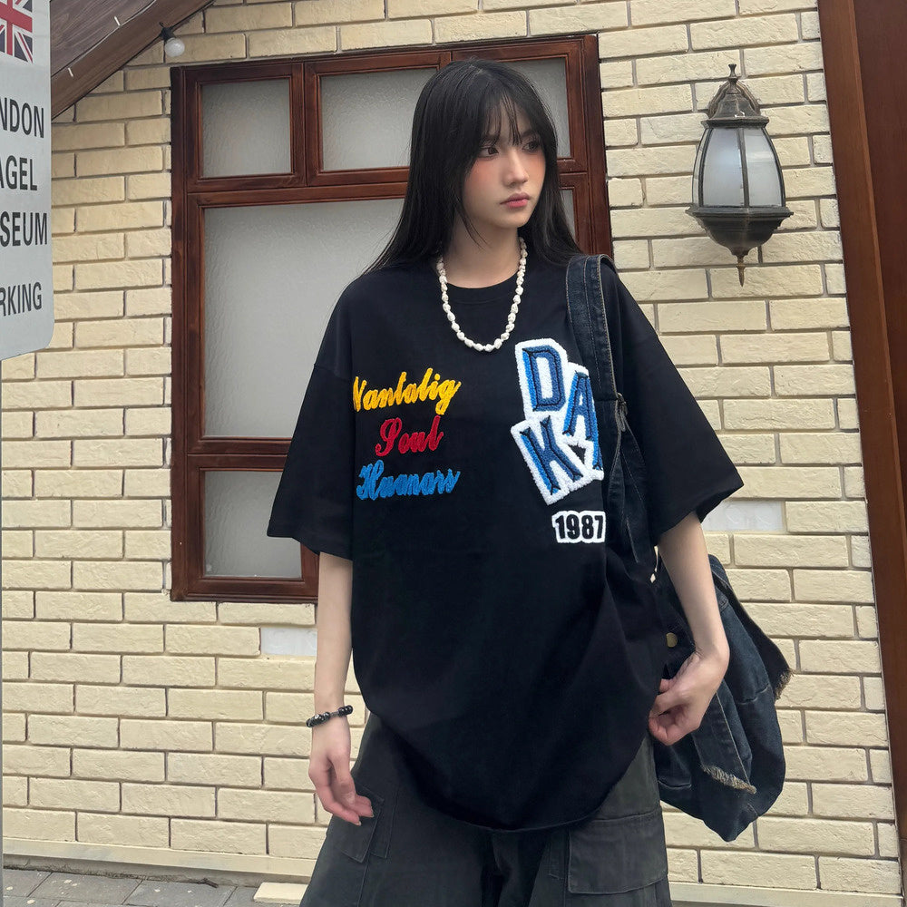 美式植絨字母印花短袖寬鬆夏季T恤女上衣半袖