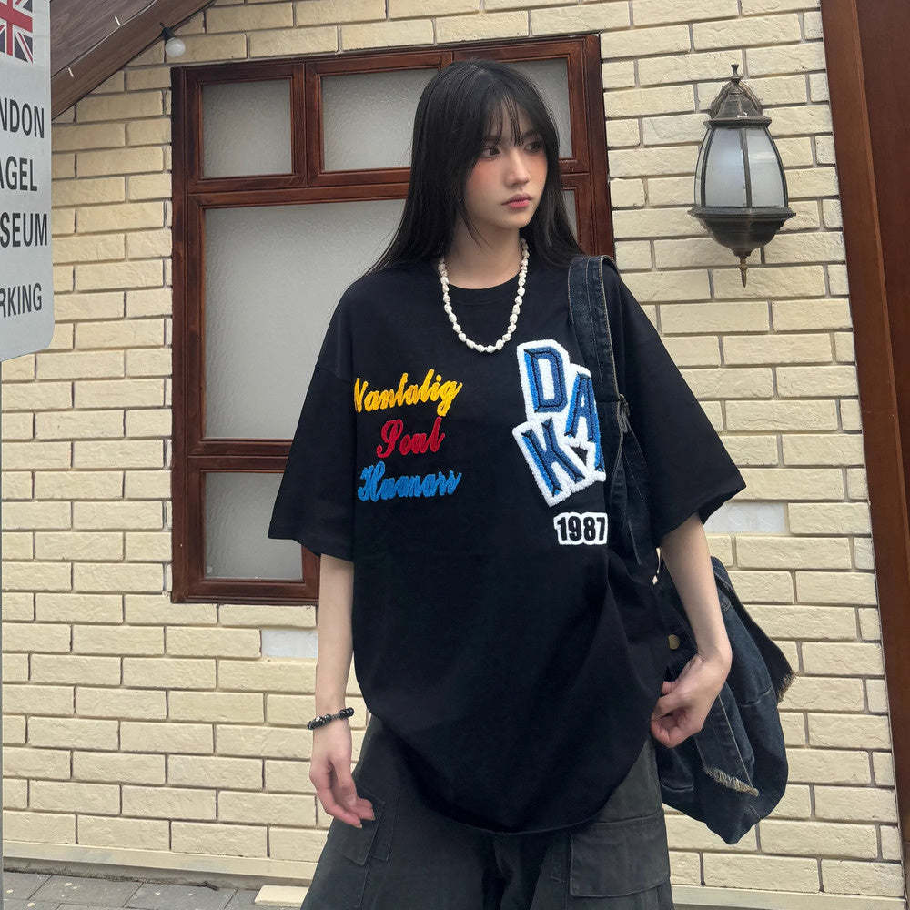 美式植絨字母印花短袖寬鬆夏季T恤女上衣半袖
