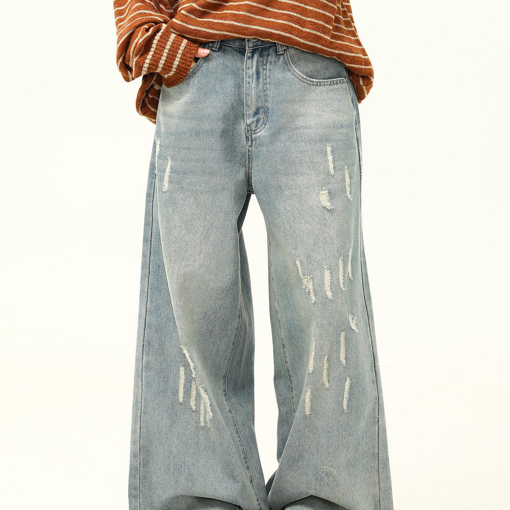 美式復古做舊磨破設計感牛仔褲女寬鬆闊腿拖地老爹褲子