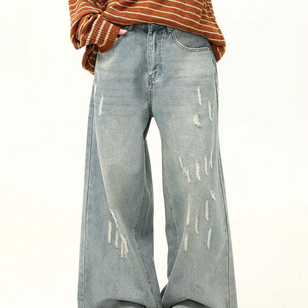 美式復古做舊磨破設計感牛仔褲女寬鬆闊腿拖地老爹褲子