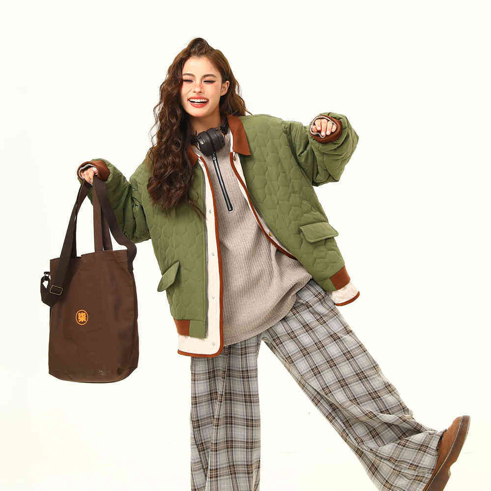 美式復古拼接夾棉棉服外套女冬季撞色氛圍感保暖棉衣