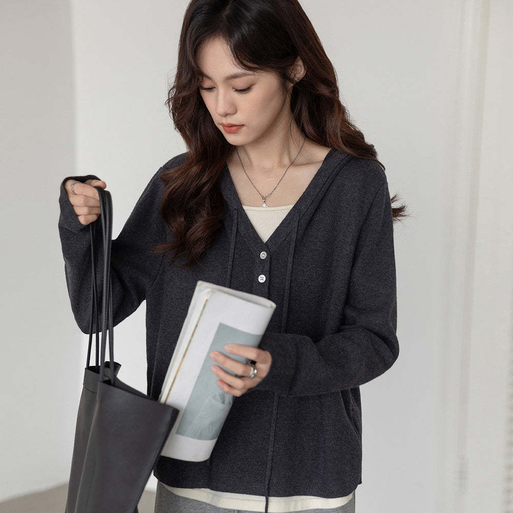 深灰色假兩件連帽針織衫女2025春季修身顯瘦上衣