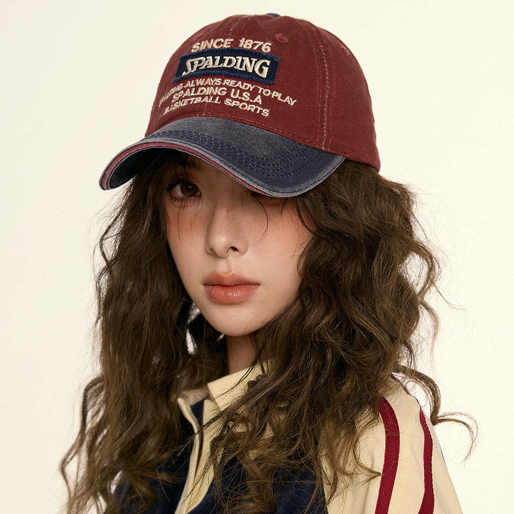 美式復古水洗做舊紅色鴨舌帽子女拼色字母軟頂休閒街頭棒球帽