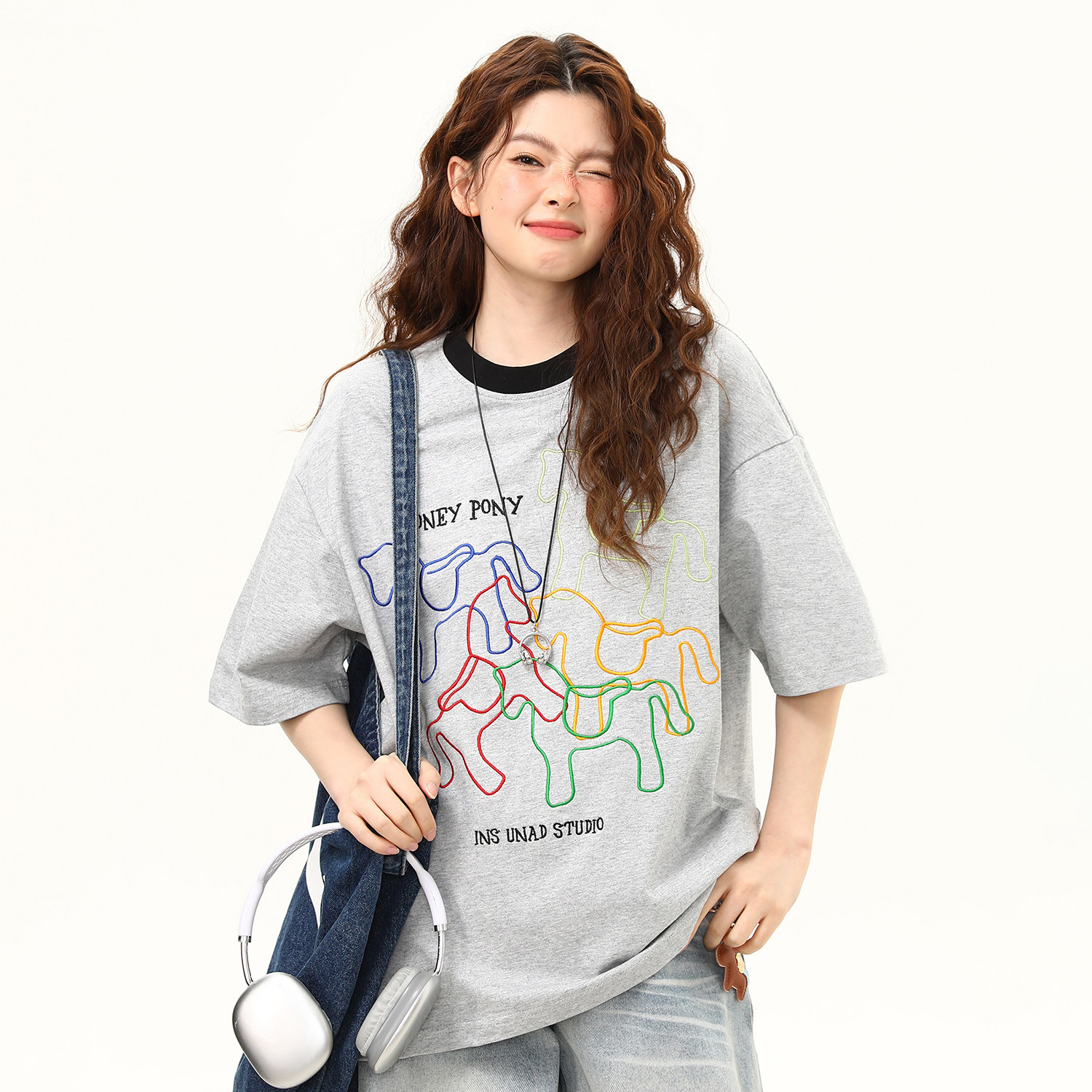 馬年創意刺繡美式寬鬆短袖T恤女夏季百搭休閒上衣