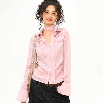粉色綢緞條紋顯瘦掐腰長袖襯衫女辣妹甜酷飄帶設計感上衣