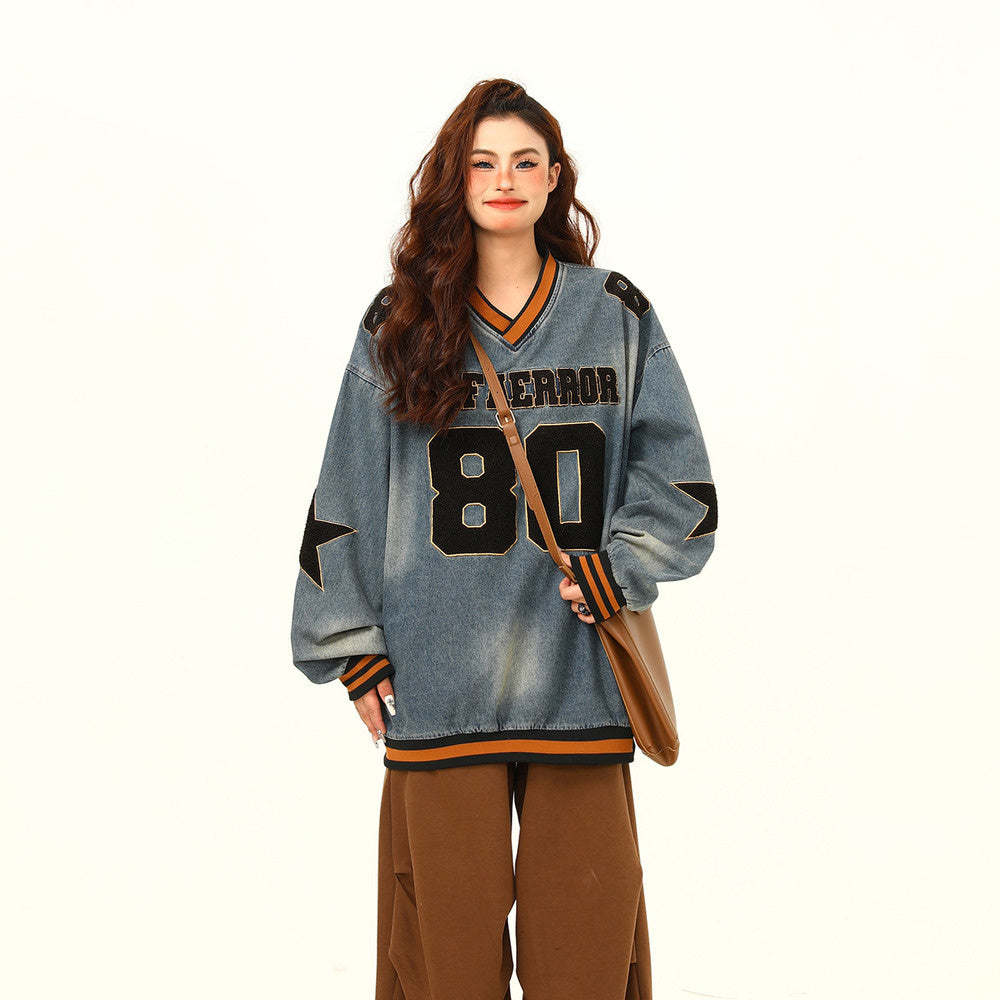 美式復古水洗重磅牛仔衛衣女秋季新款潮牌高級感上衣