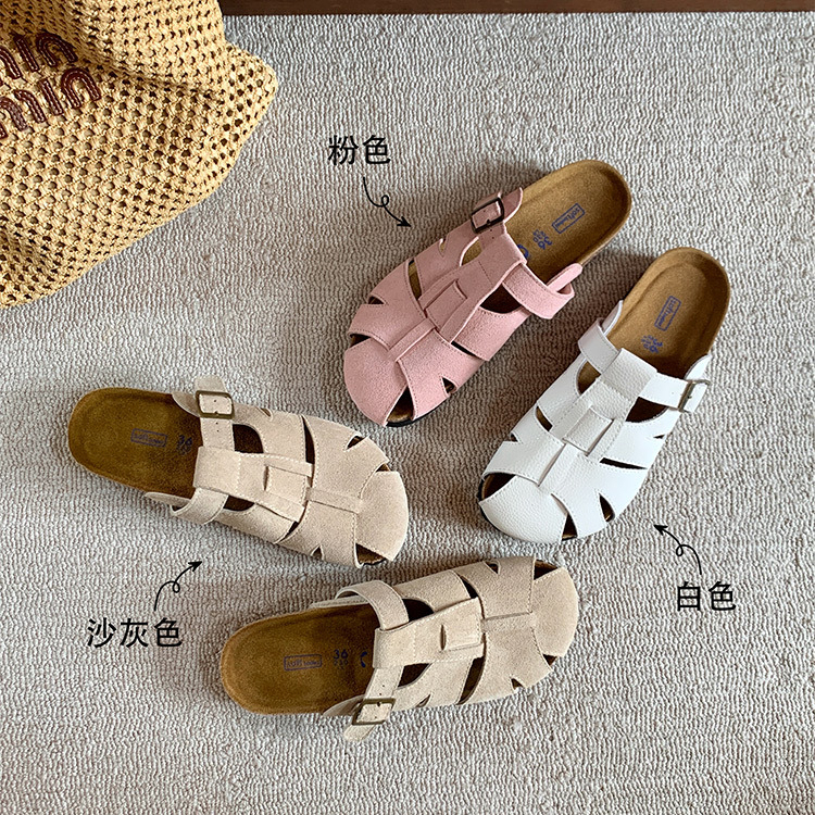 實穿主義真皮鏤空厚底包頭勃肯拖鞋女半拖外穿夏