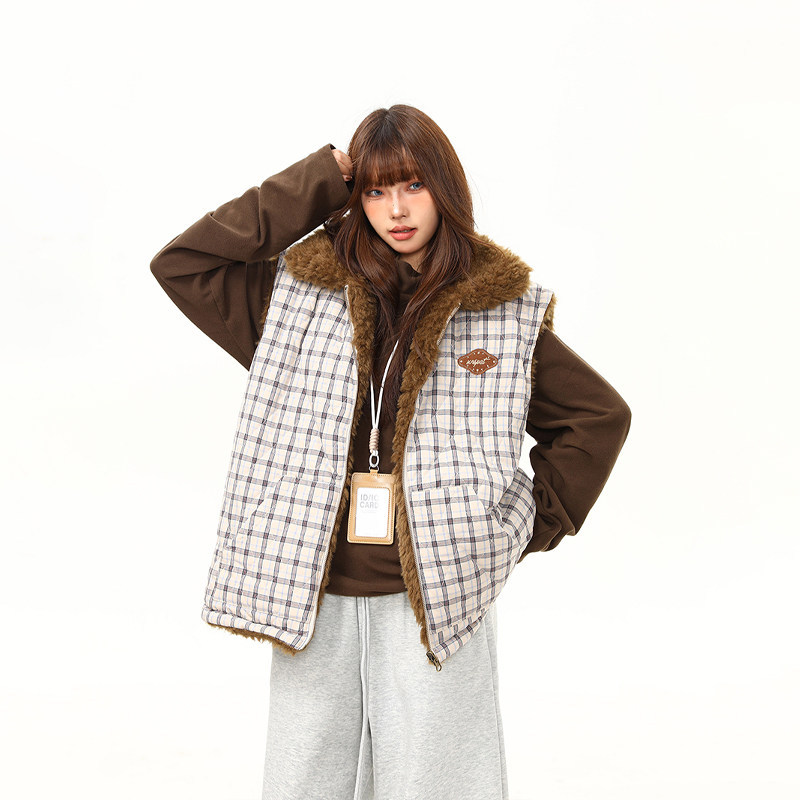 美式復古格紋羊羔毛雙面穿棉服馬甲外套女冬季加厚棉襖