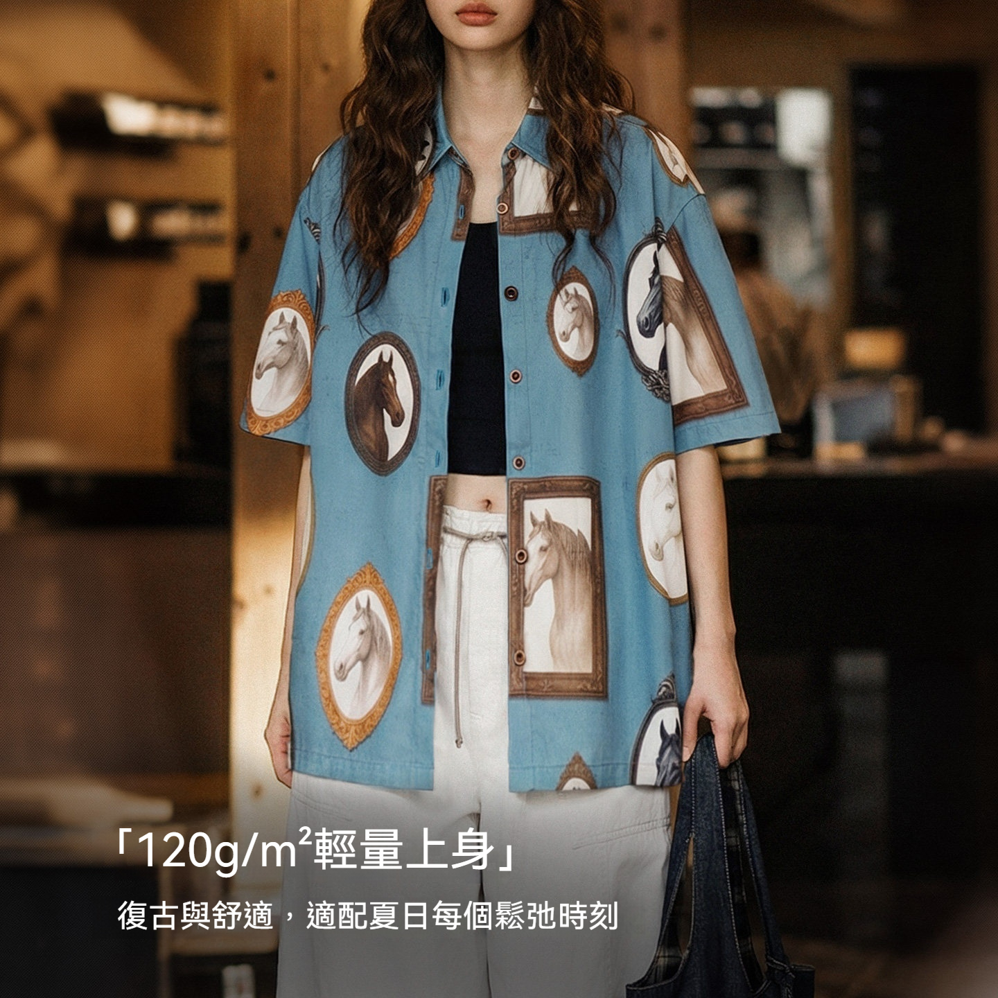 美式復古翻領寬鬆度假風趣味印花短袖襯衫上襯衣女士夏外穿