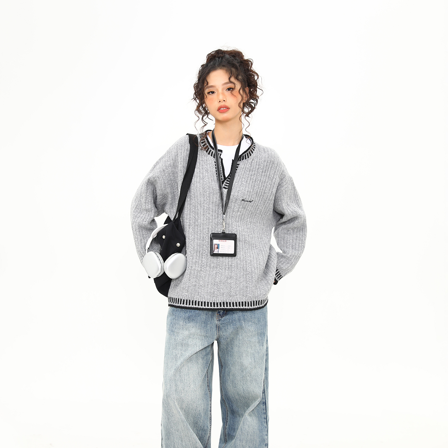 美式復古撞色縫線灰色針織衫毛衣女寬鬆中性慵懶風上衣