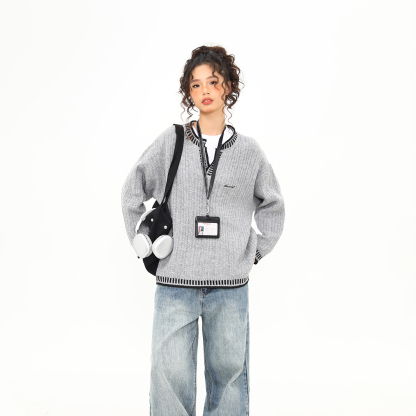 美式復古撞色縫線灰色針織衫毛衣女寬鬆中性慵懶風上衣