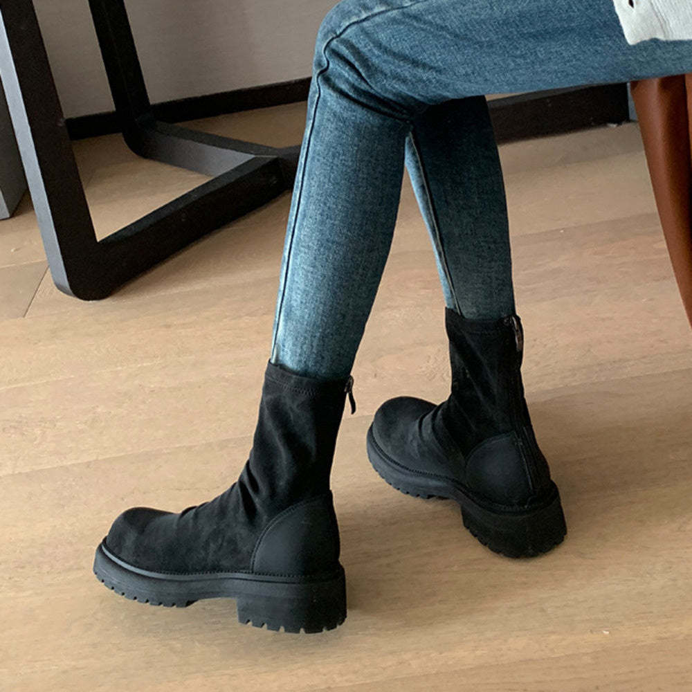 時髦粗跟厚底瘦瘦靴圓頭褶皺後拉鍊堆堆短靴女春秋
