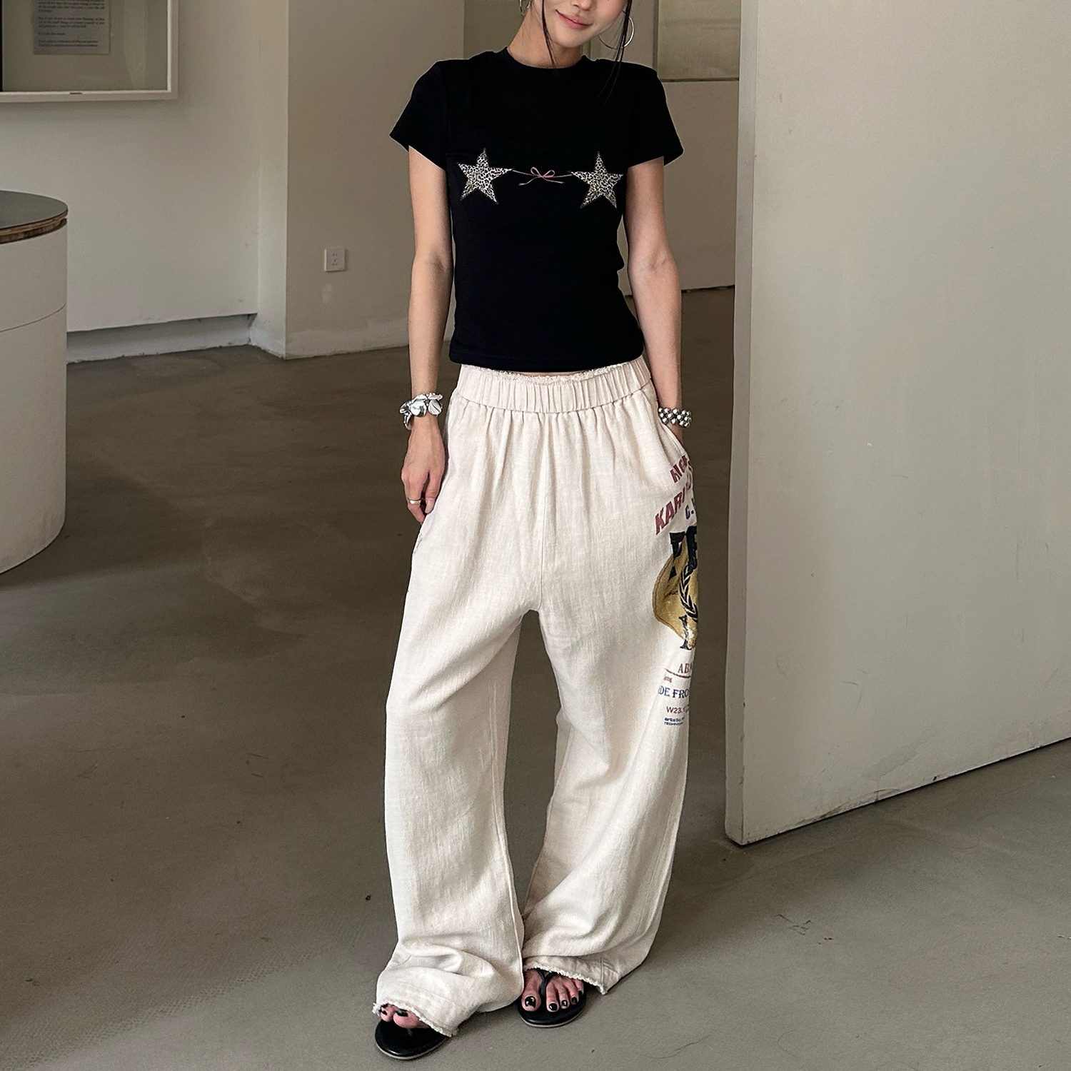 亞麻混紡休閒褲女夏季潮流美式印花寬鬆闊腿褲高級感褲子