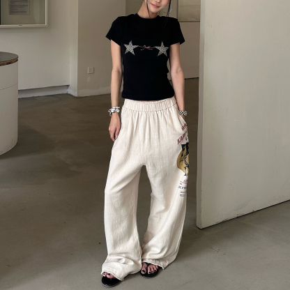 亞麻混紡休閒褲女夏季潮流美式印花寬鬆闊腿褲高級感褲子