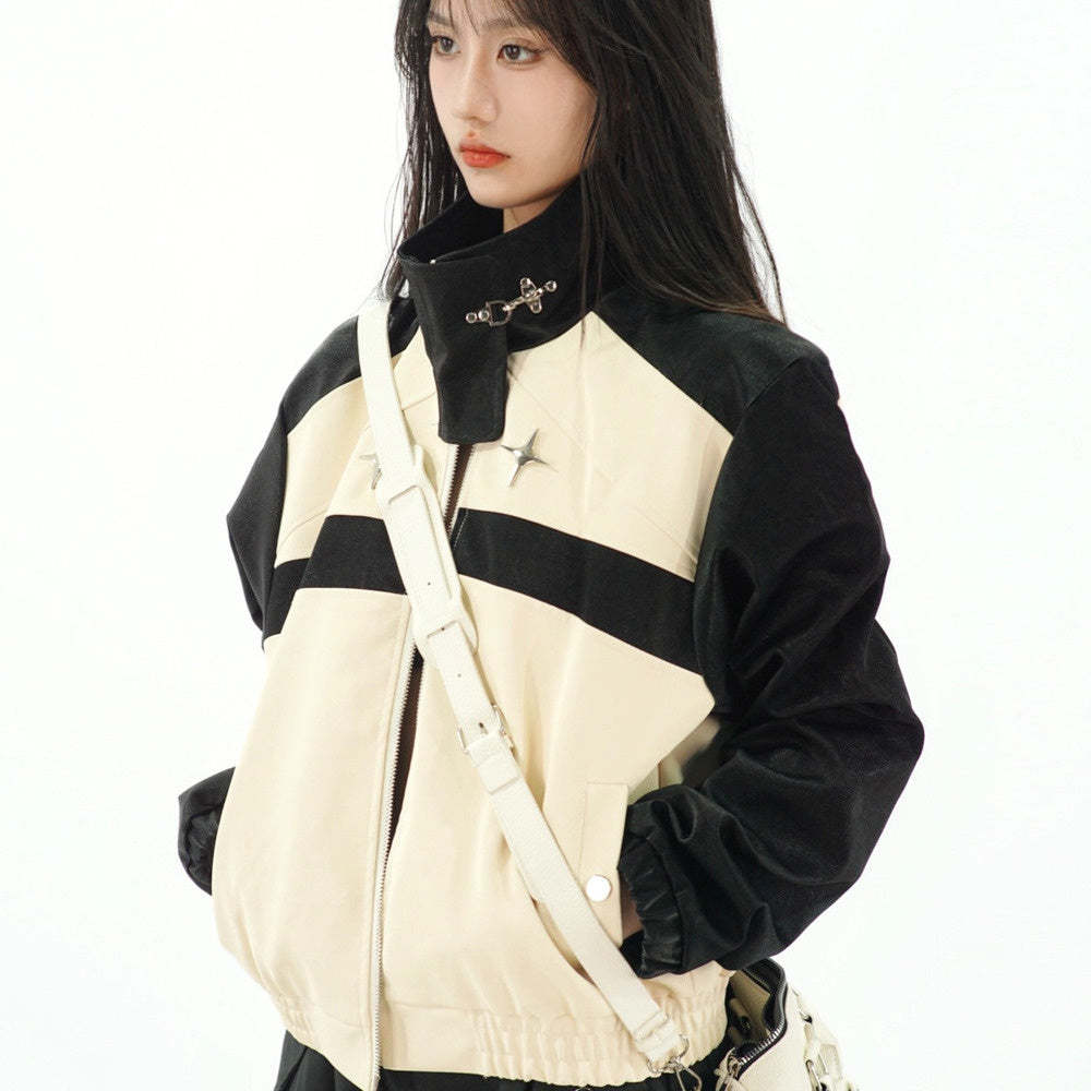 美式復古拼色短款皮衣女辣妹短外套秋季小眾原創設計感寬鬆