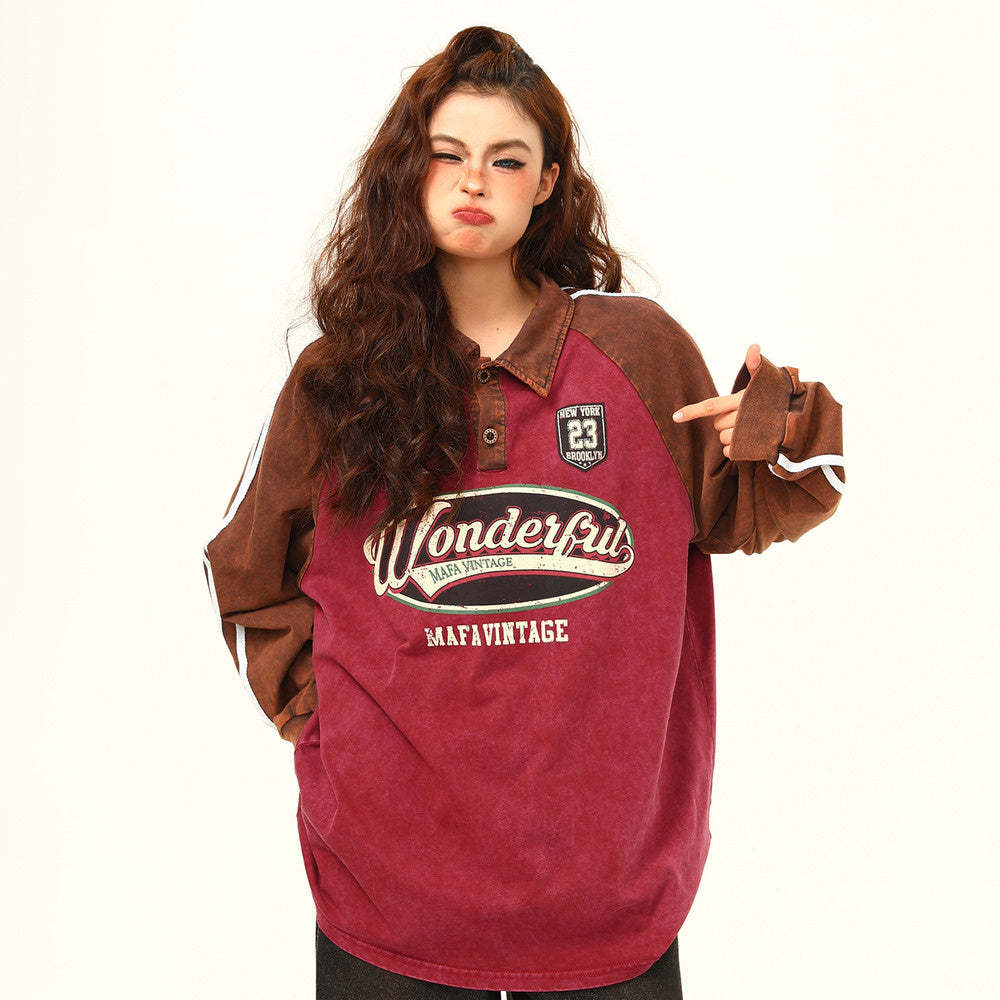 美式衛衣復古街頭學院風Polo領長袖女寬鬆百搭上衣