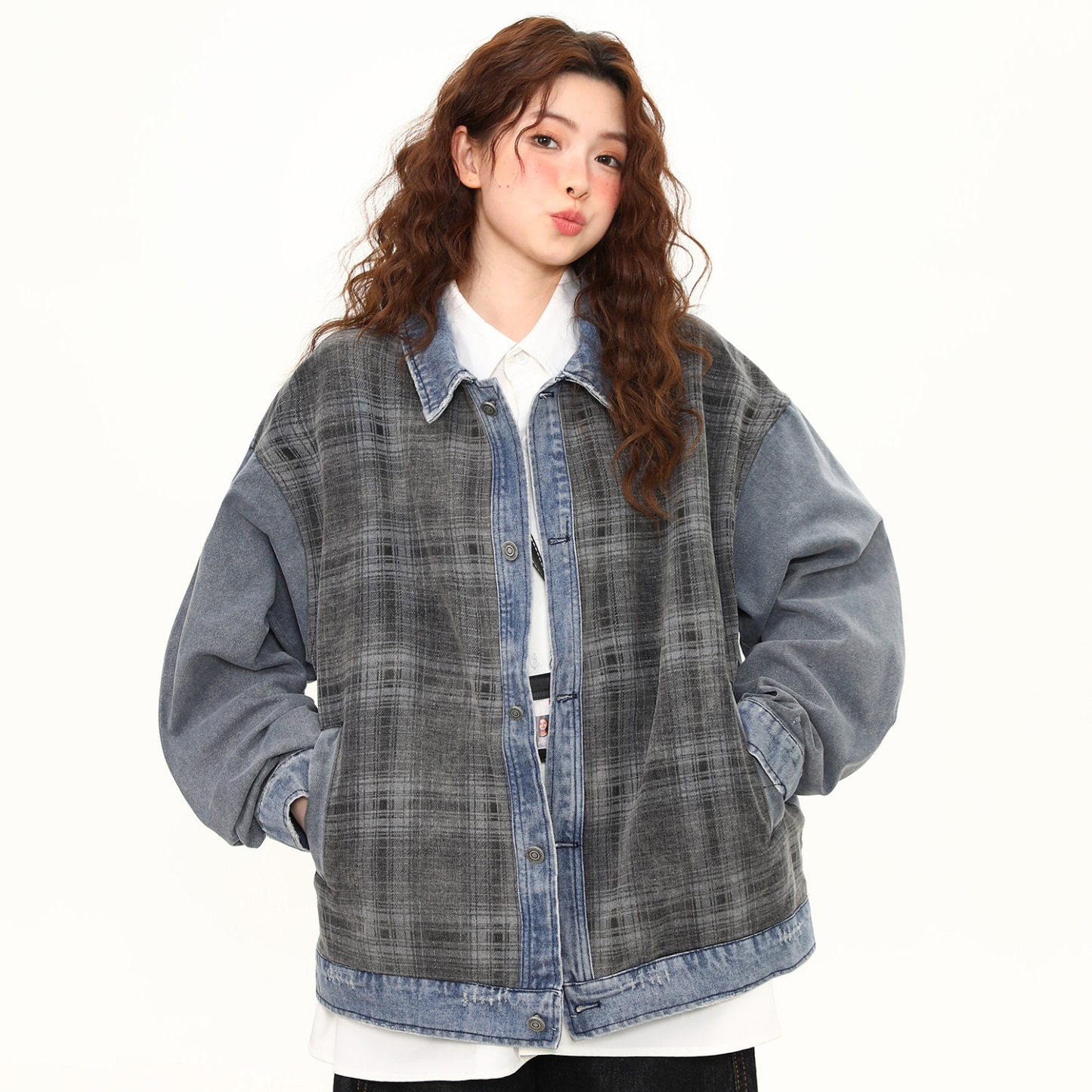美式復古水洗格紋拼接牛仔外套女春季新款重磅潮牌夾克