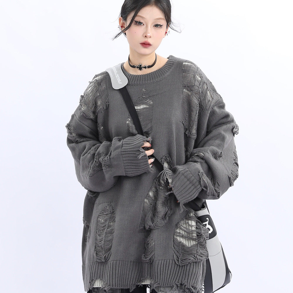 小眾設計感美式街頭破洞毛衣女寬鬆慵懶風oversize針織衫
