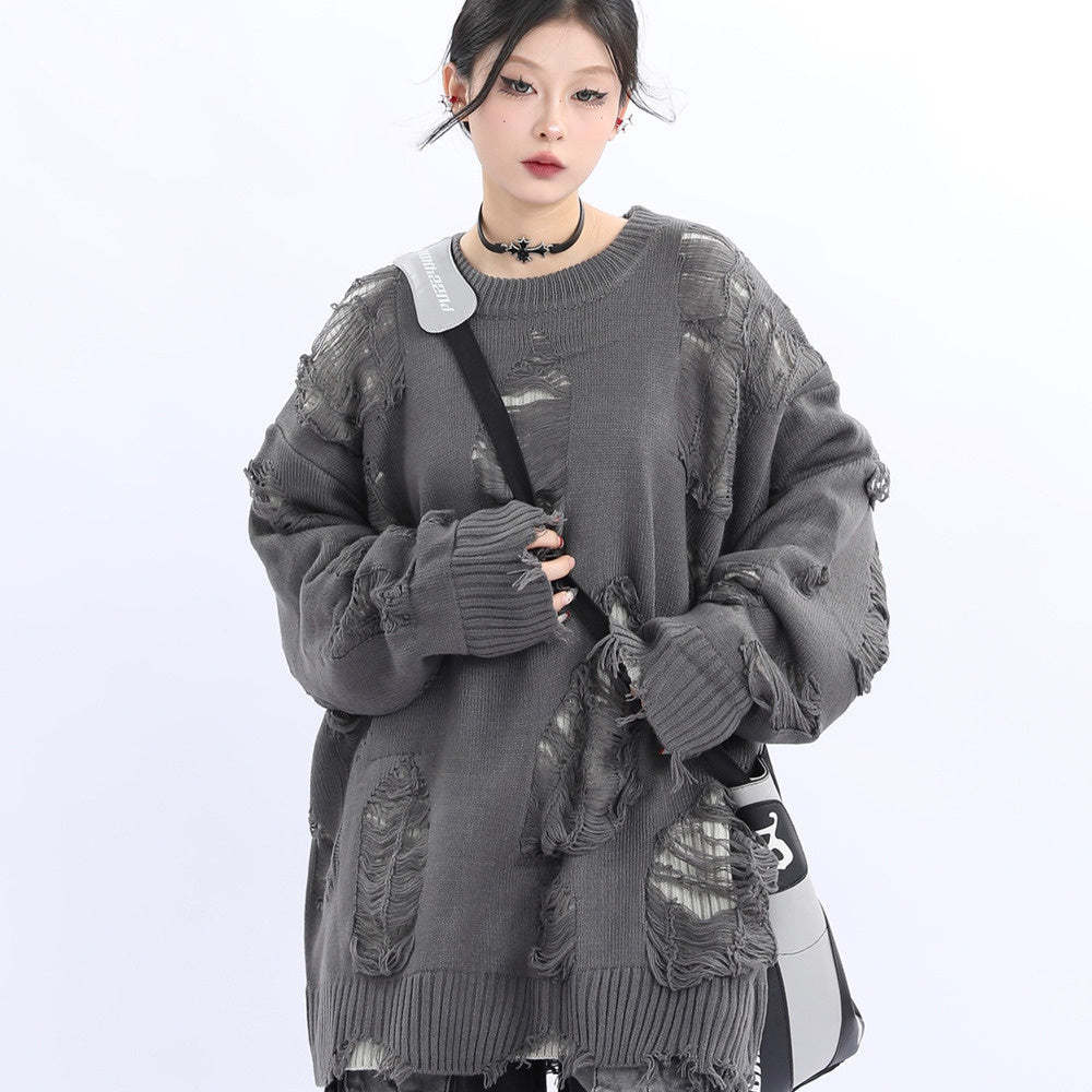 小眾設計感美式街頭破洞毛衣女寬鬆慵懶風oversize針織衫