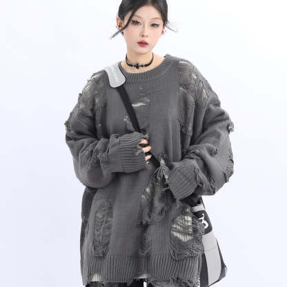 小眾設計感美式街頭破洞毛衣女寬鬆慵懶風oversize針織衫
