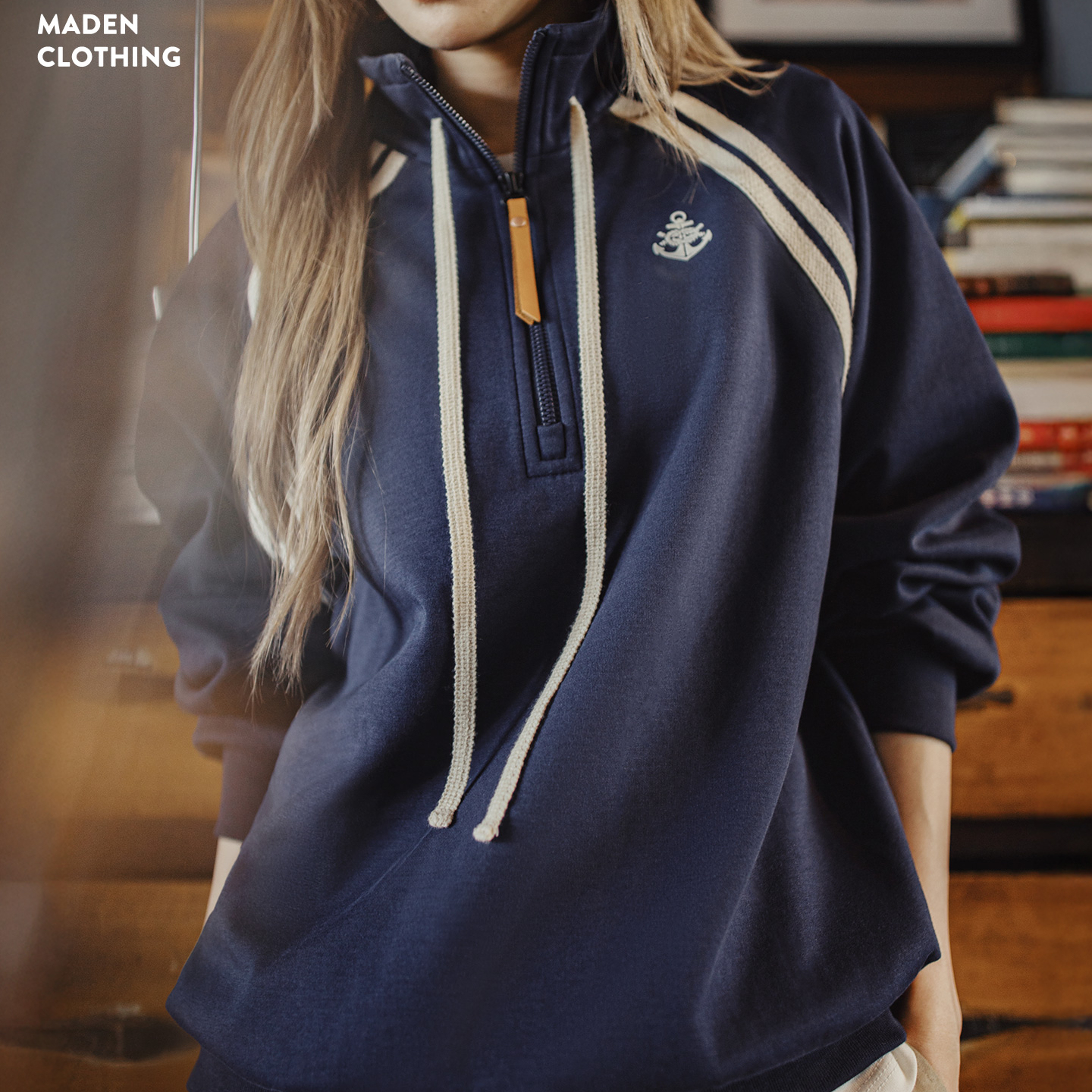 美式復古學院風藏青色半拉鍊立翻高領套頭長袖無帽衛衣女士秋