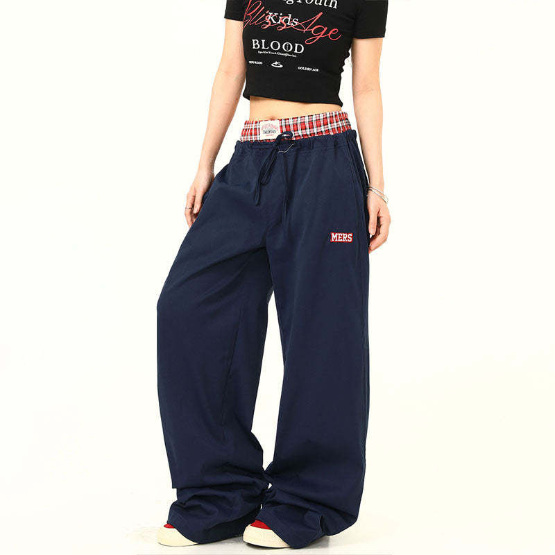 雙腰頭格子拼接假兩件休閒褲女美式復古運動工裝褲子