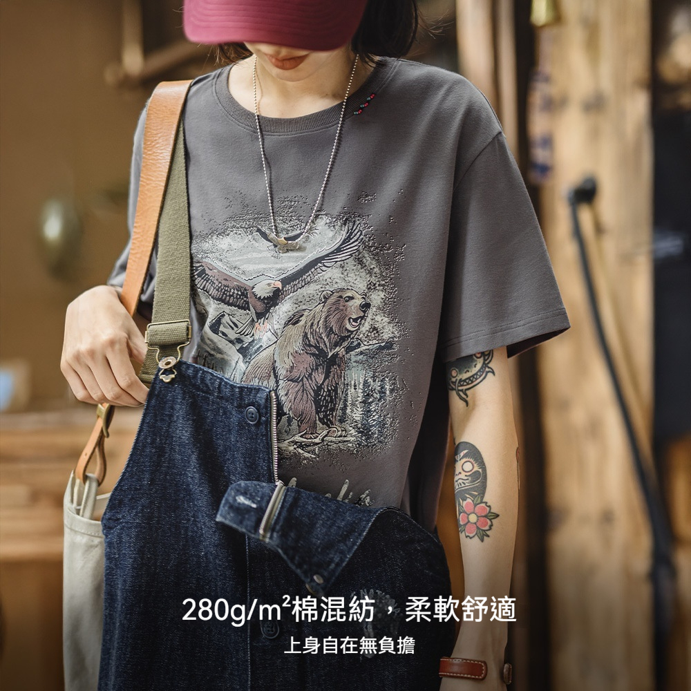 夏日格雷系Vintage復古插畫T恤美式慵懶落肩寬鬆小眾短袖女