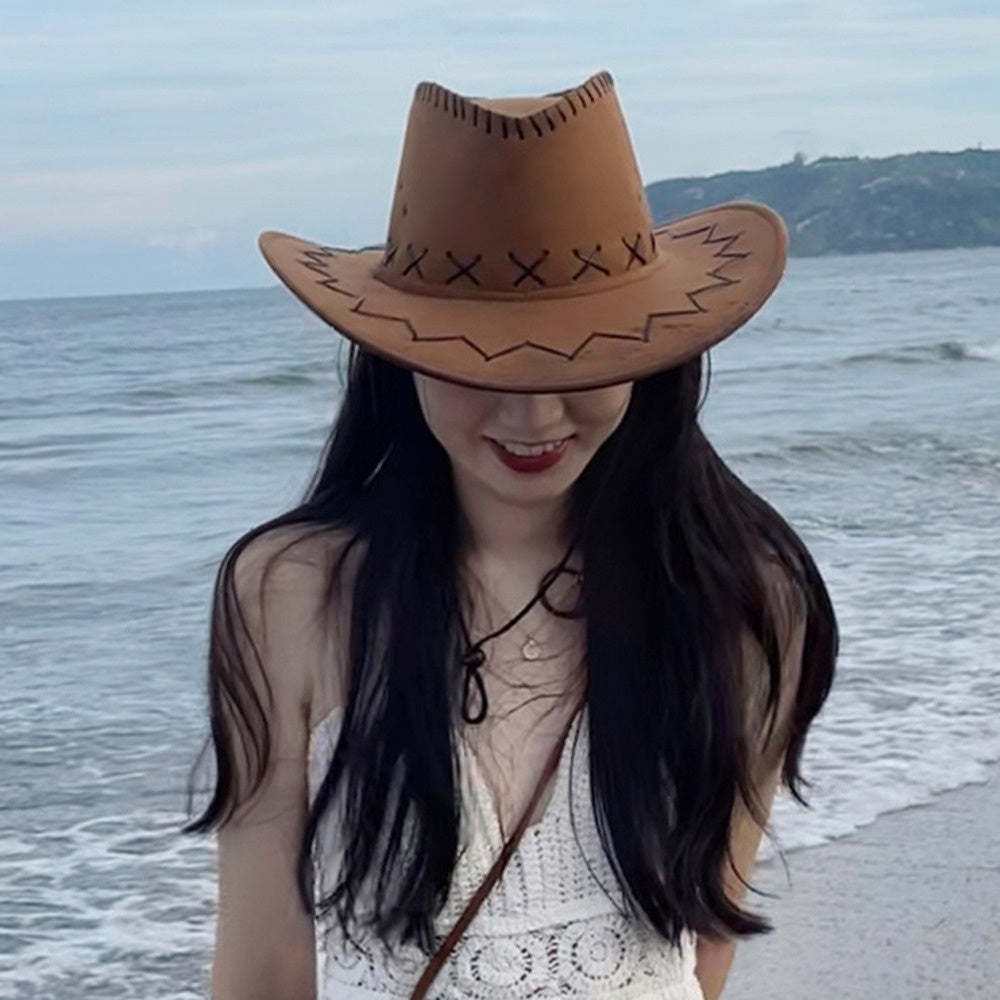 西部牛仔帽女抽繩戶外登山漁夫帽女夏季旅遊度假大簷防曬太陽帽