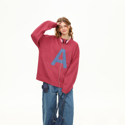 美式復古字母學院風針織衫毛衣女秋冬圓領套頭慵懶風上衣