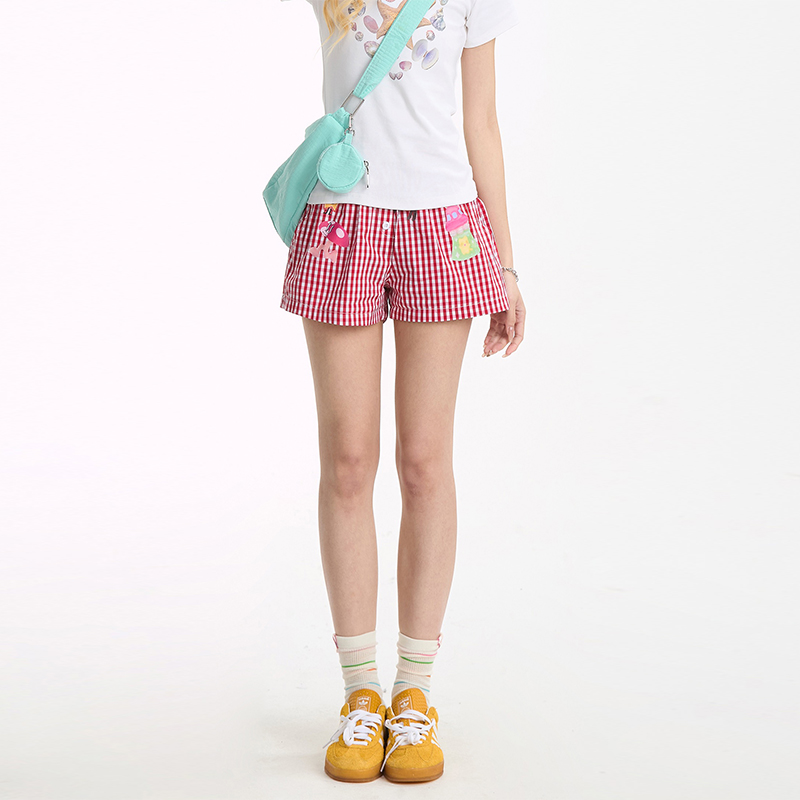 可愛印花格子短褲女潮牌美式甜辣夏季沙灘寬鬆休閒三分褲
