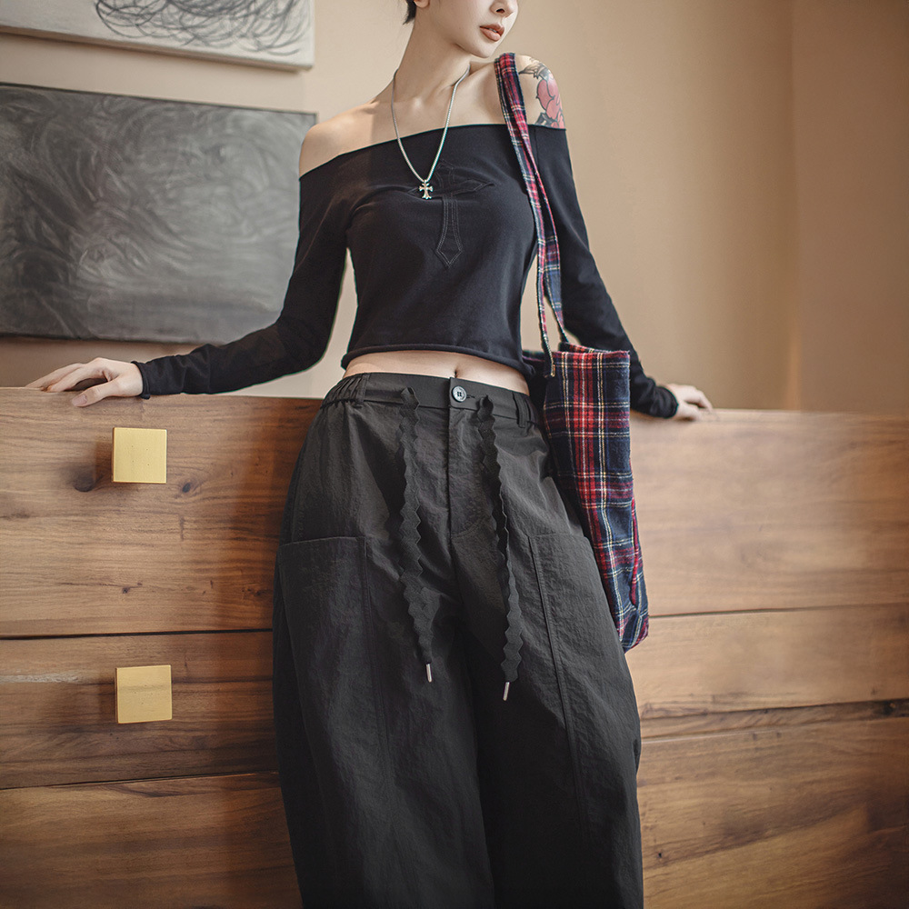 夏日系鬆弛感工裝山本彎刀褲顯腿長寬鬆慵懶小個子闊腿褲潮女