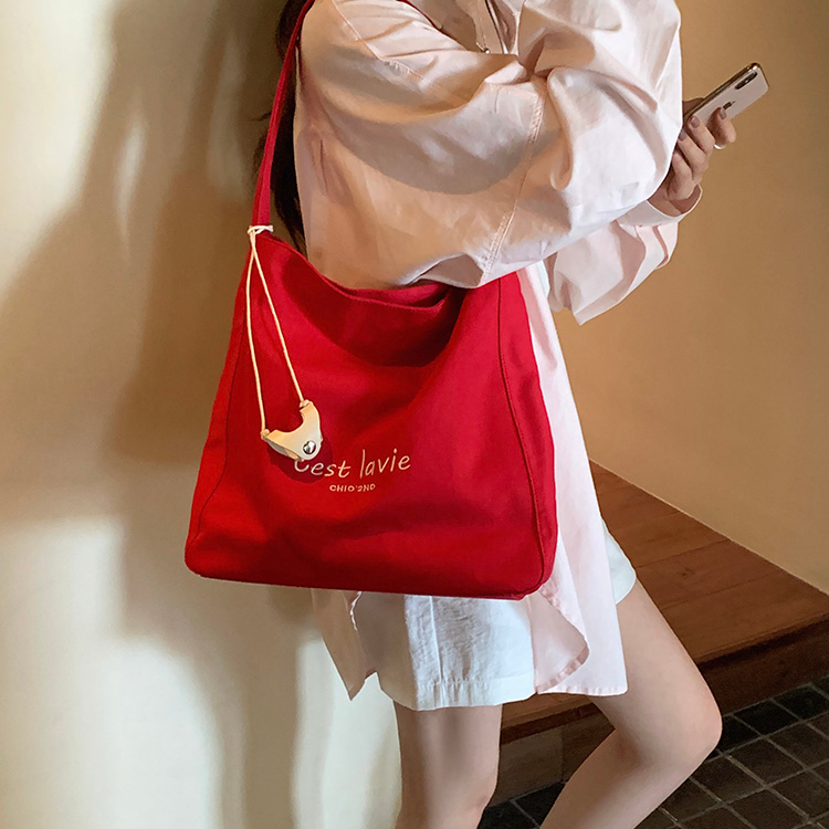 霓虹甜心托特包包女紅色帆布包通勤單肩包