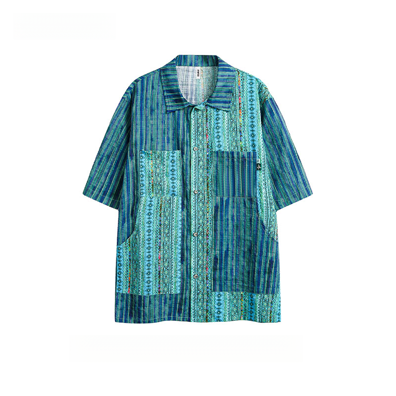 春夏新款湖藍色國潮民族風短袖襯衫女vintage上衣