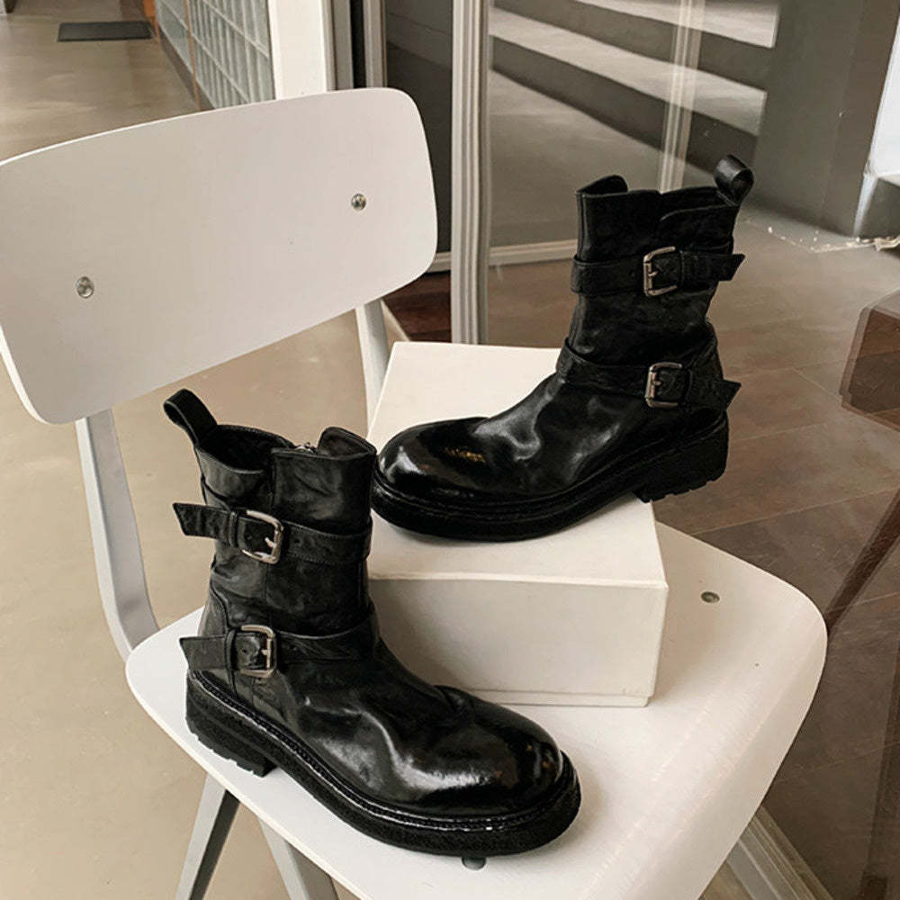 一字扣帶厚底水洗縮紋馬皮瘦瘦短靴女