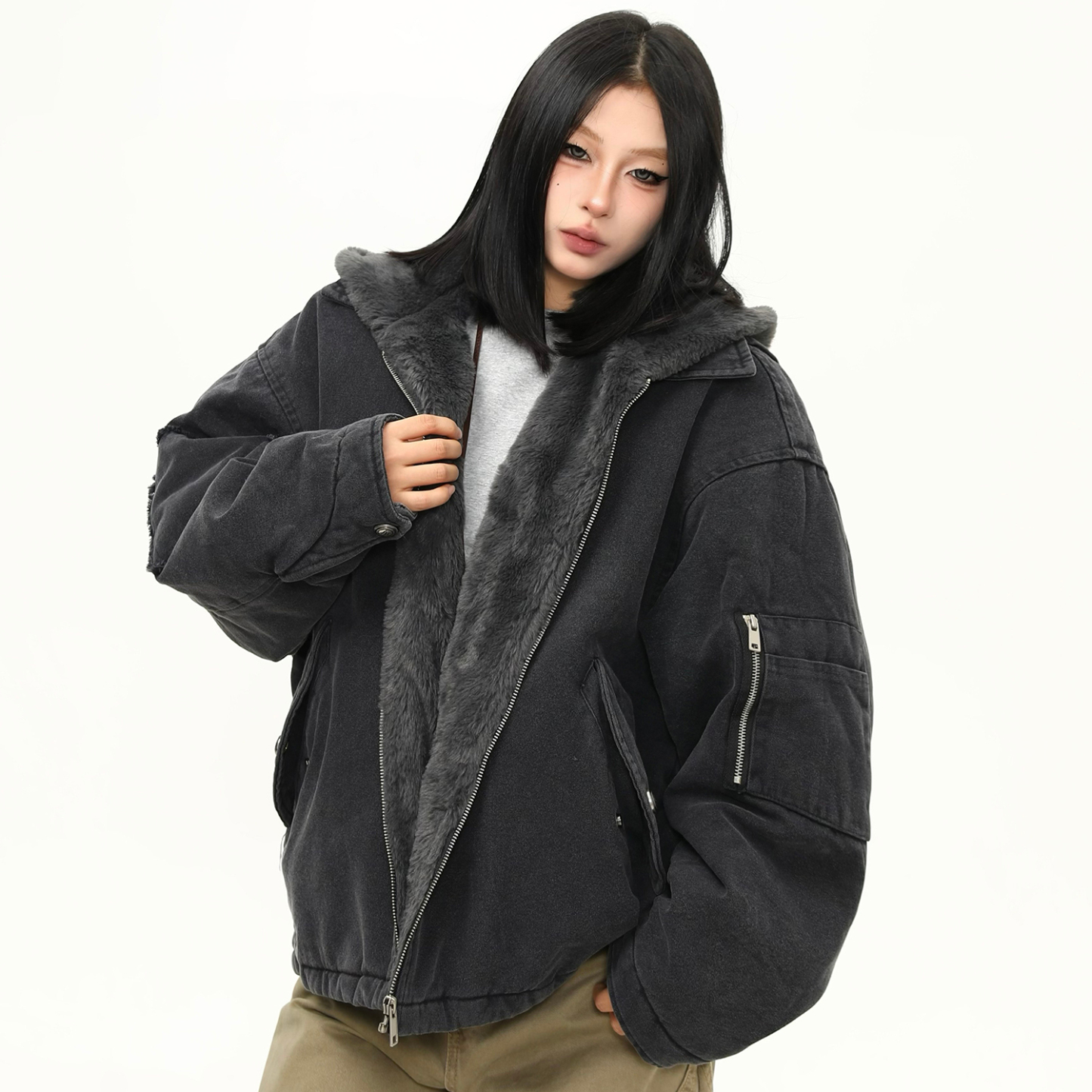 美式水洗重磅冬季棉服女毛絨連帽設計感加厚保暖棉衣外套