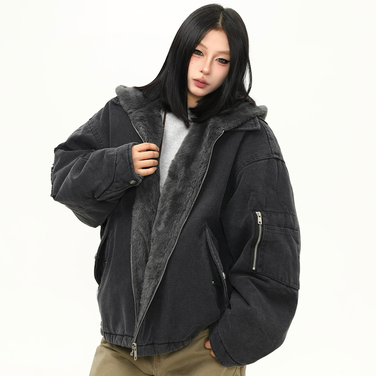 美式水洗重磅冬季棉服女毛絨連帽設計感加厚保暖棉衣外套