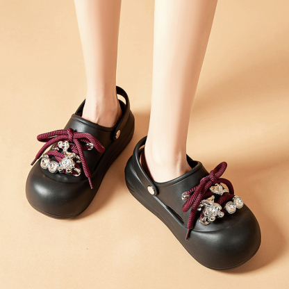 松糕厚底洞洞鞋女夏季新款水鑽蝴蝶結沙灘凉鞋包頭醜萌女拖鞋