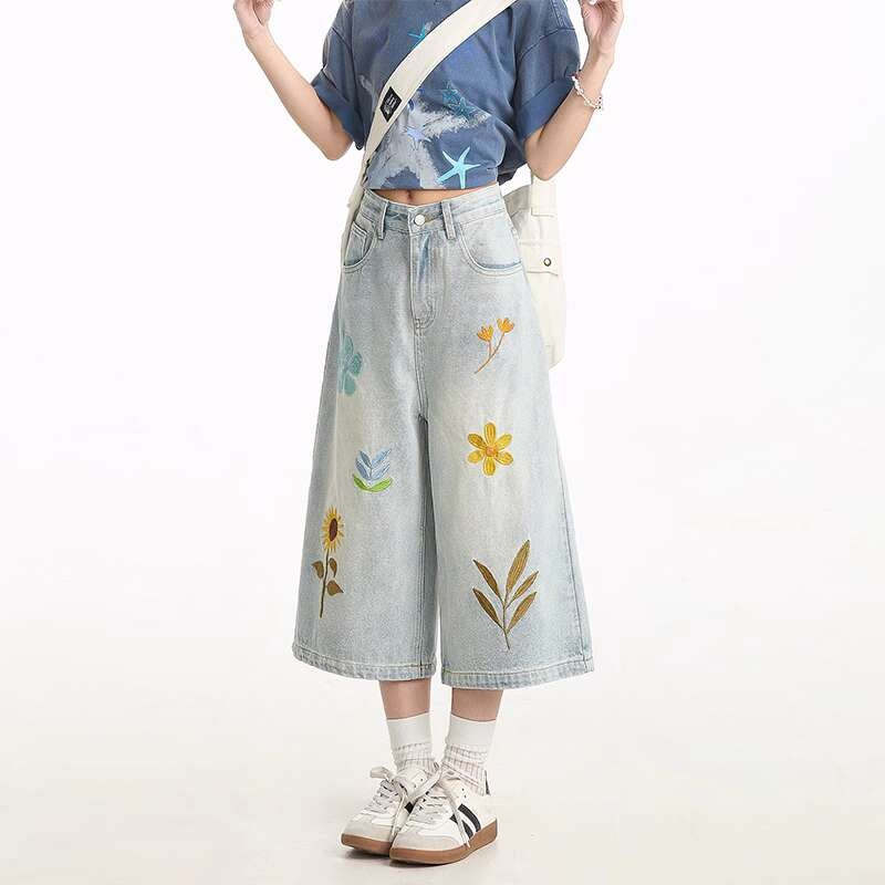 美式復古花卉刺繡高街小眾寬鬆直筒闊腿七分褲牛仔短褲女