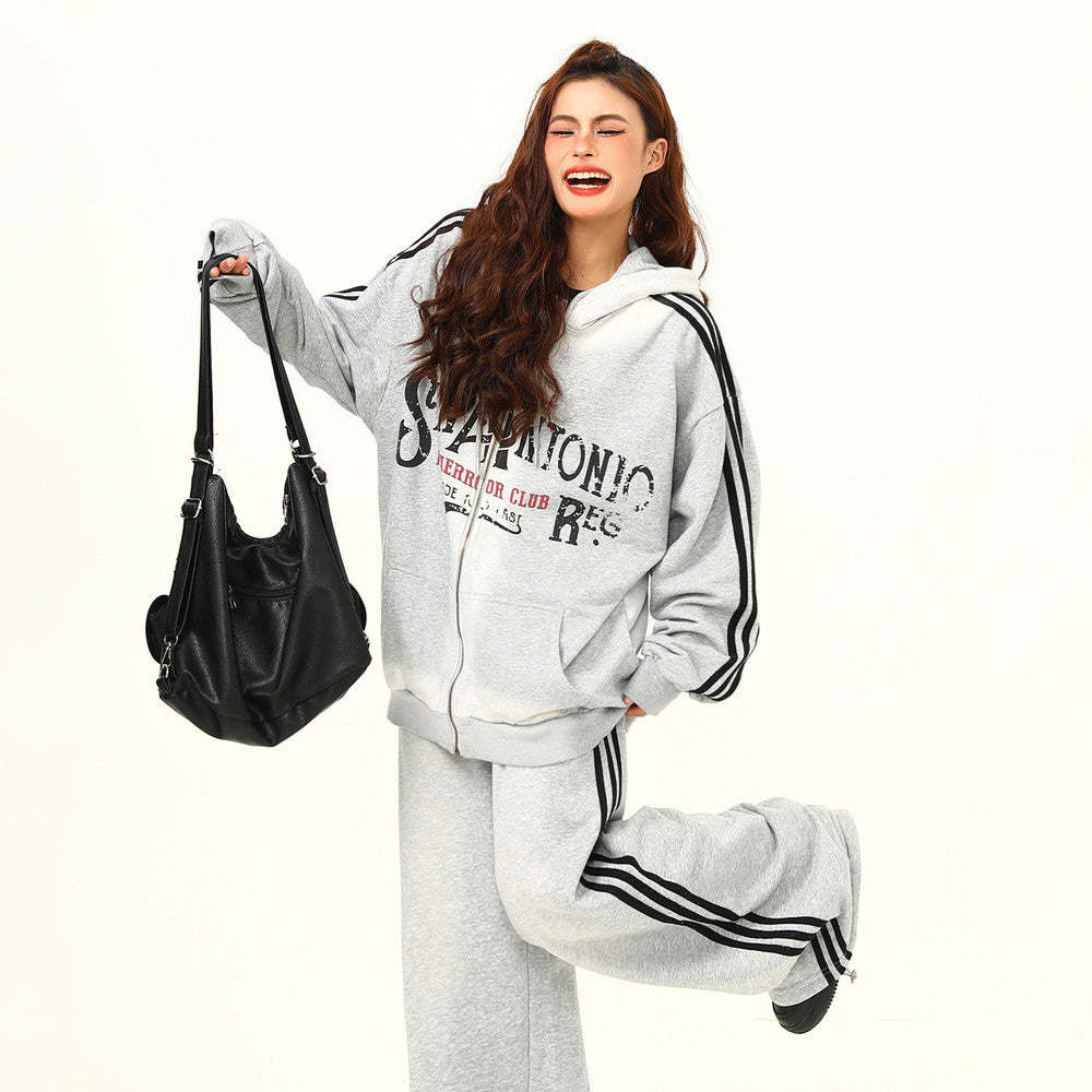 美式復古字母拉鍊衛衣外套男女秋季百搭運動套裝