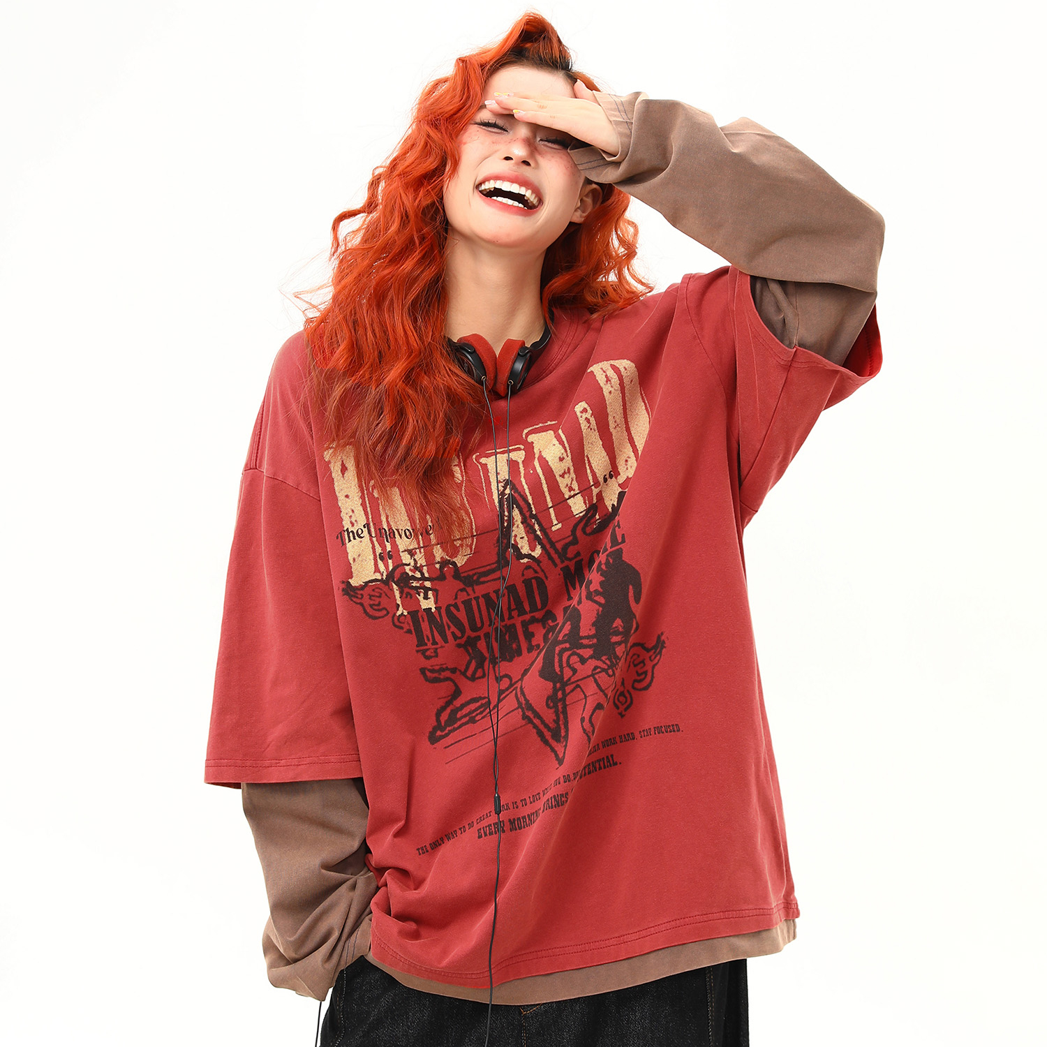 早秋新款美式復古印花假兩件圓領衛衣女百搭上衣