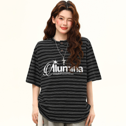 美式復古亨利領條紋短袖T恤女夏季寬鬆學院風黑白條紋tee