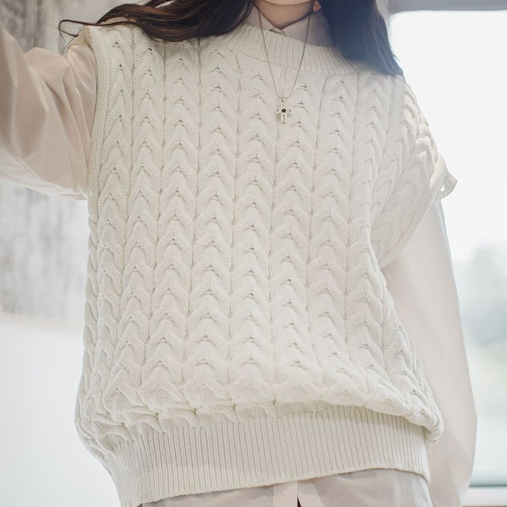 馬登女裝 可拆卸絞花毛衣復古忌廉白慵懶麻花毛衣圓領針織衫背心冬季女