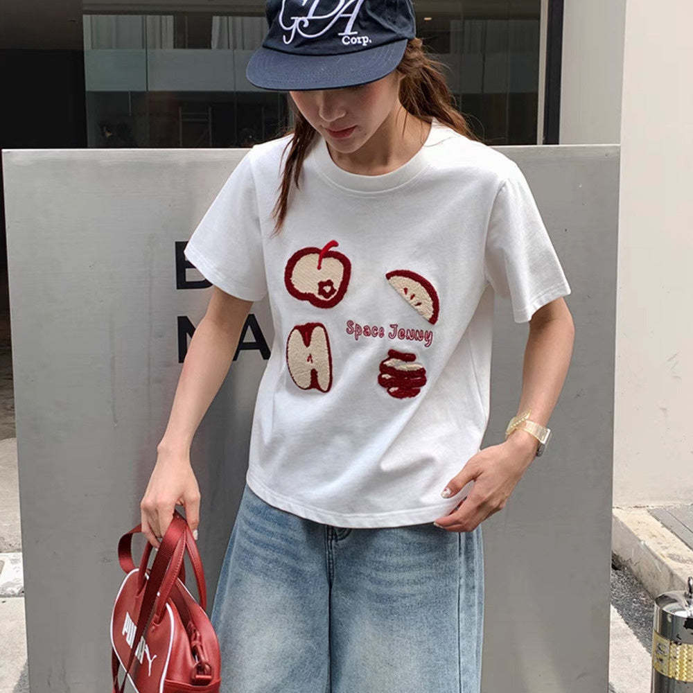 簡約蘋果毛巾繡修身短袖t恤女夏2025新款圓領正肩上衣