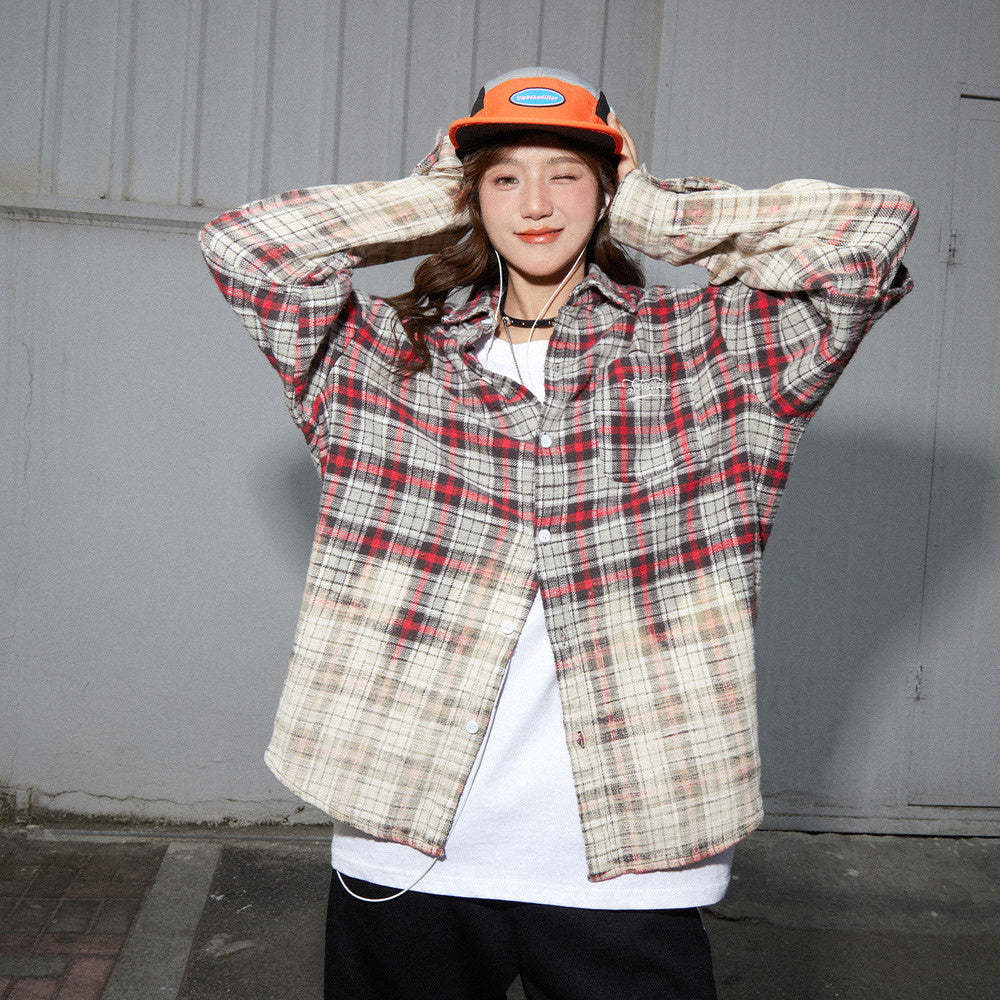 美式復古漸變色格子襯衫女高級感別致寬鬆純棉上衣