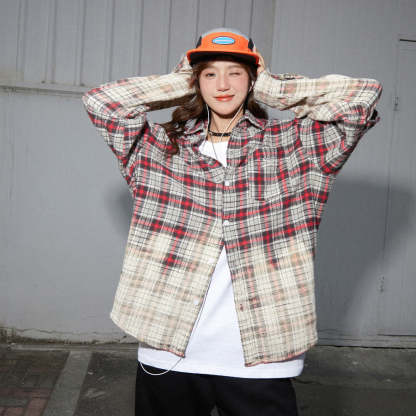 美式復古漸變色格子襯衫女高級感別致寬鬆純棉上衣