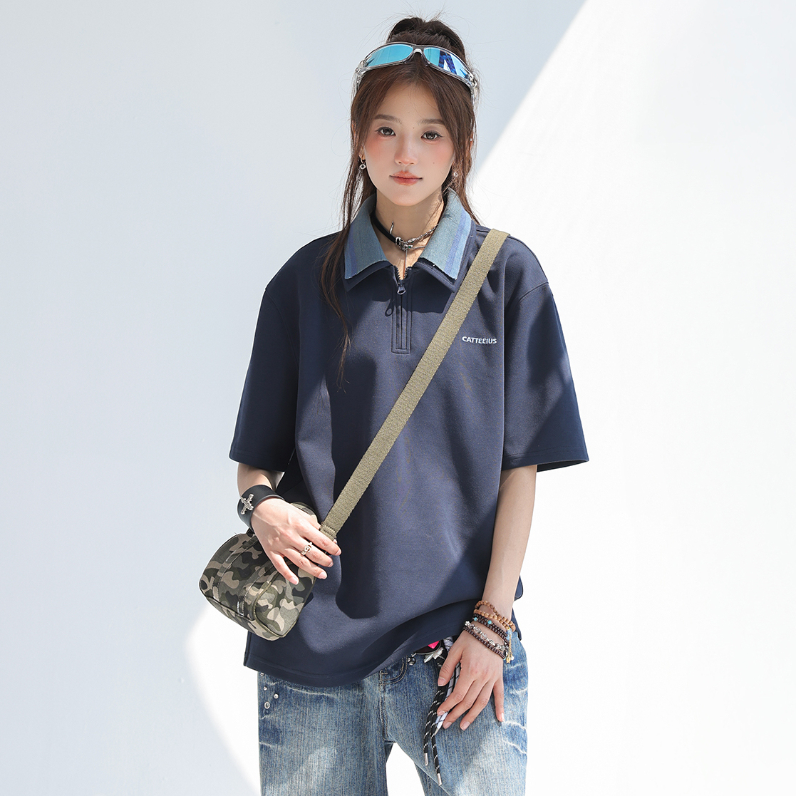 美式復古撞色拼接polo衫短袖t恤女2025新款寬鬆上衣