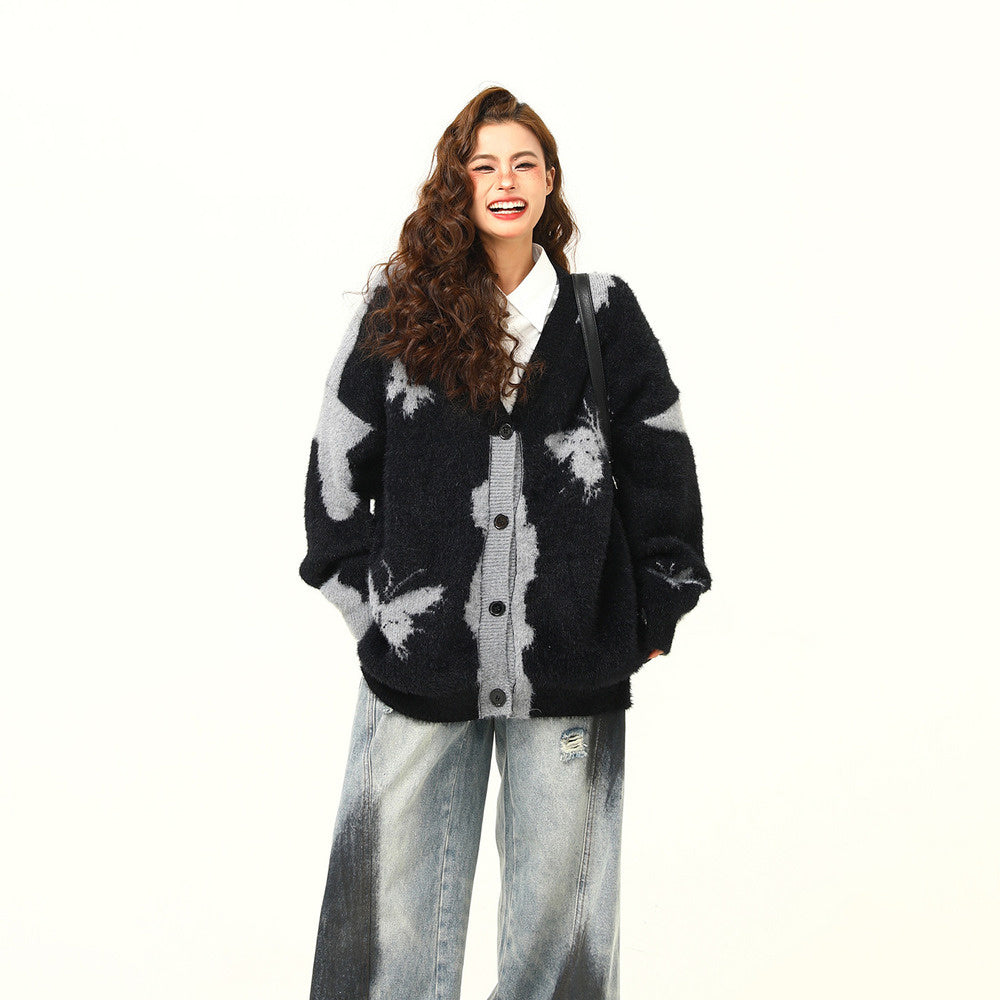 美式復古設計感蝴蝶針織開衫毛衣女秋冬慵懶寬鬆外套